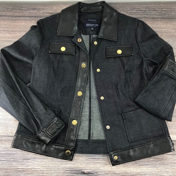 Jones New York Jackets & Blazers - Jones New York Dark Wash Denim Leather Hem Jacket